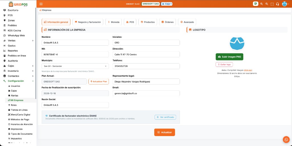 Pestañas en píldora de Mi Empresa: Información general, Negocio y facturación, Moneda, POS, Productos, Órdenes y Avanzado
